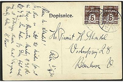 5 øre Bølgelinie (2) på brevkort fra Ribe annulleret med bureaustempel Bramminge Tønder sn3 T.1063 d. 5.3.1930 til København.