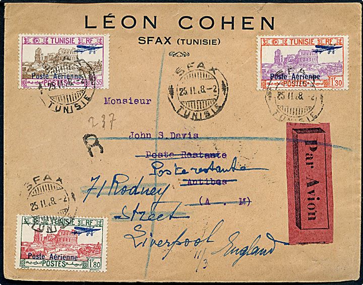 1,30 fr., 1,80 fr. og 2,55 fr. Luftpost provisorium på anbefalet luftpostbrev fra Sfax Tunisie d. 25.11.1928 til Antibes, Frankrig - eftersendt til Liverpool, England.