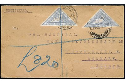 Trekantet 4d udg. utakket (2) på anbefalet brev fra Durban d. 22.11.1926 til København, Danmark.