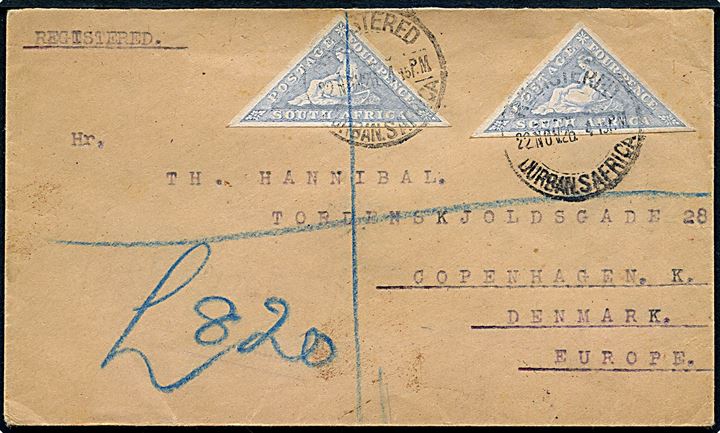 Trekantet 4d udg. utakket (2) på anbefalet brev fra Durban d. 22.11.1926 til København, Danmark.