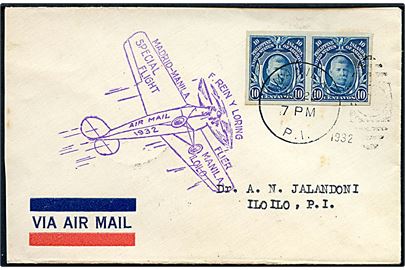10 c. Lawton utakket i parstykke på Madrid-Manila flyvningskuvert stemplet Manila d. 22.6.1932 til Iloilo. Stort flyvningsstempel fra F. Rein y Loring's flyvning fra Manila til Iloilo.
