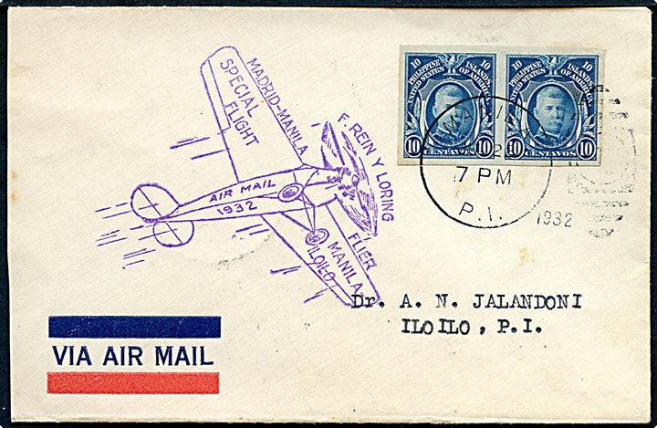 10 c. Lawton utakket i parstykke på Madrid-Manila flyvningskuvert stemplet Manila d. 22.6.1932 til Iloilo. Stort flyvningsstempel fra F. Rein y Loring's flyvning fra Manila til Iloilo.