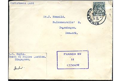 8 cents George VI på tryksag mærket Christmas Card fra Singapore d. 28.11.1939 til København, Danmark. Violet lokal censur: Passed by 44 Censor.