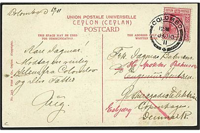 6 c. Edward VII på brevkort fra Colombo d. 10.1.1911 til København, Danmark - eftersendt til Esbjerg.