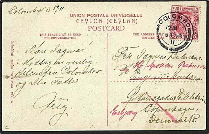 6 c. Edward VII på brevkort fra Colombo d. 10.1.1911 til København, Danmark - eftersendt til Esbjerg.
