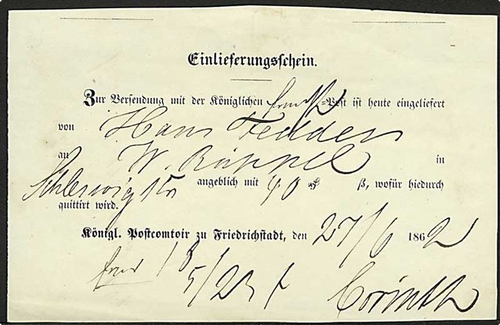 1862. Fortrykt kvittering for afsendelse af pakke fra Kgl. Postkontor i Friedrichstadt d. 27.6.1862.
