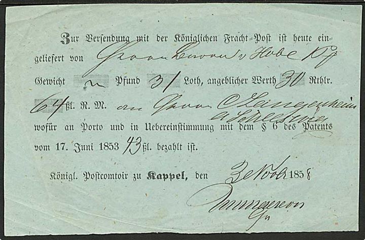 1858. Fortrykt kvittering for afsendelse af værdibrev fra Kgl. Postkontor i Kappel d. 3.11.1858.