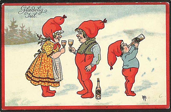 5 øre Chr. X og Julemærke 1914 på julekort (Nisser drikker øl) annulleret med lapidar stempel Marslev d. 22.12.1914 til Dræby. Sen anvendelse af lapidarstempel.