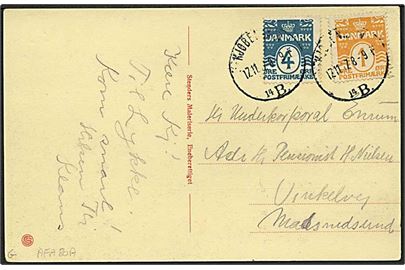 1 øre vm IV og 4 øre vm III Bølgelinie på brevkort fra Kjøbenhavn d. 17.11.1917 til Masnedsund.