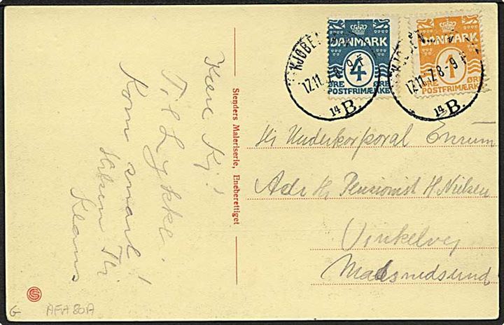 1 øre vm IV og 4 øre vm III Bølgelinie på brevkort fra Kjøbenhavn d. 17.11.1917 til Masnedsund.