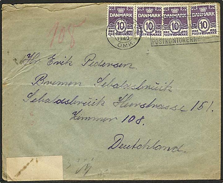 10 øre Bølgelinie (4) på brev fra København d. 22.10.1940 til Bremen, Tyskland. Åbnet af tysk censur i Hamburg.