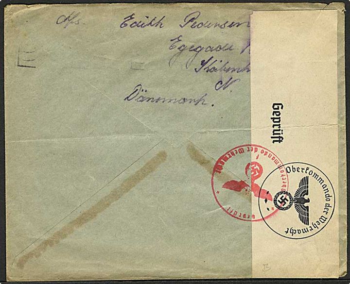 10 øre Bølgelinie (4) på brev fra København d. 22.10.1940 til Bremen, Tyskland. Åbnet af tysk censur i Hamburg.