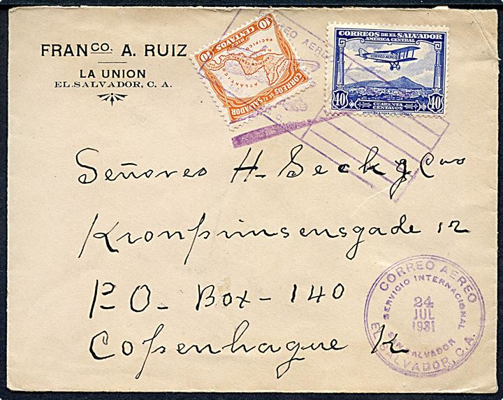 10 c. Landkort og 40 c. Luftpost på luftpostbrev fra San Salvador d. 24.7.1931 til København, Danmark.