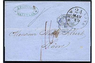 Ufrankeret brev fra Mazatlan, Mexico forwarded via Harcous & Co. i New York med transit stempel New York 24 d. 19.5.1860 og fransk dampskibsstempel Et.Unis Serv. AM.D. Havre d. 2.6.1860 til Havre, Frankrig. Flere påtegninger.