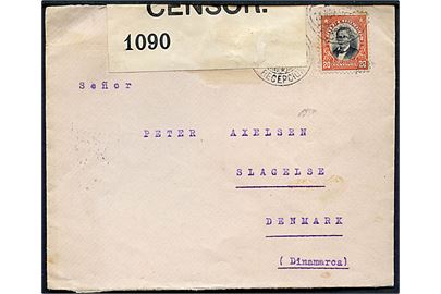 20 c. på brev fra Antofagasta d. 15.11.1916 til Slagelse, Danmark. Åbnet af britisk censur no. 1090.