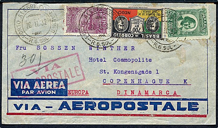 500 reis Santos Dumont, 2000 reis Bartolomeu de Gusmão Luftpost udg. og 300+350 reis Velgørenhed på luftpostbrev fra Porto Alegre d. 26.11.1932 til København, Danmark