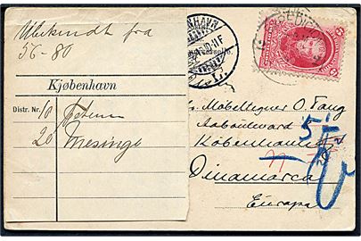 5 c. på brevkort fra Cordoba d. 25.11.1910 til Kjøbenhavn, Danmark. Utilstrækkelig adresse med vignet fra Kjøbenhavn og stempel Kjøbenhavn L. d. 30.12.1910. 