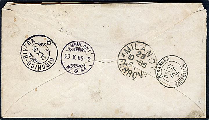 12 c. single på brev fra Buenos Aires d. 21.9.1896 til Schweiz. Transit stempler Etranger Marseille d. 22.10.1885, Milano, schweizisk bureau Ambulant No. 41 og Bironico-Rivera.