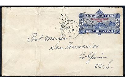 5 keneta/5 cents provisorisk helsagskuvert overtrykt Provisional Government 1893 annulleret med duplex Honolulu H.I./1 d. 2.3.1894 til San Francisco, USA. Fold.