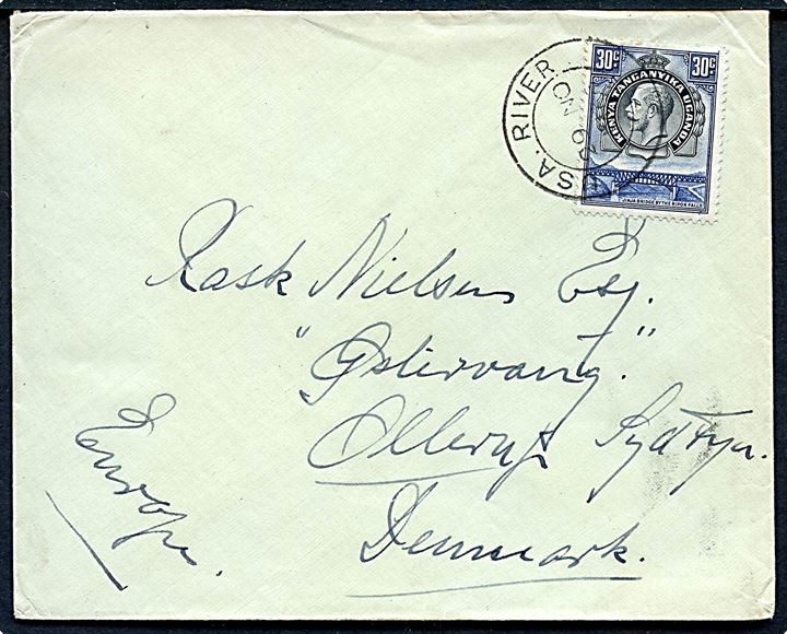 KUT 30 cents George V single på brev annulleret Usa River (i Tanzania) d. 29.11.1936 via bureau Kilimanjaro T.P.O. d. 29.11.1936 til Ollerup, Danmark.