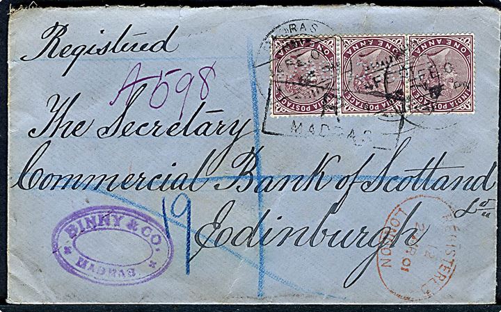 1d Victoria i vandret 3-stribe med perfin B & C på anbefalet brev fra firma Binny & Co. i Madras d. 14.2.1901 via London til Edinburgh.