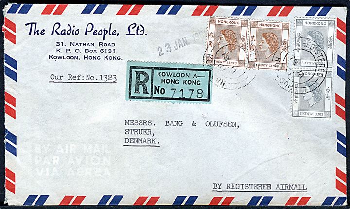 20 c. (2) og 75 c. (par) Elizabeth på anbefalet luftpostbrev fra Kowloon d. 18.1.1961 til Struer, Danmark.