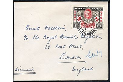 $1 George VI single på luftpostbrev fra Hong Kong d. 11.12.1946 til den danske legation i London, England. Afkortet i venstre side.