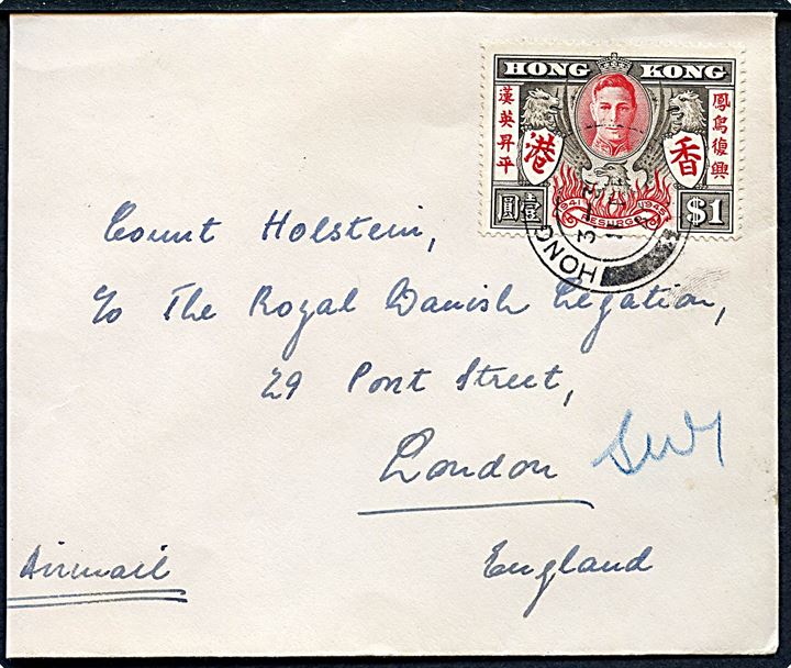 $1 George VI single på luftpostbrev fra Hong Kong d. 11.12.1946 til den danske legation i London, England. Afkortet i venstre side.