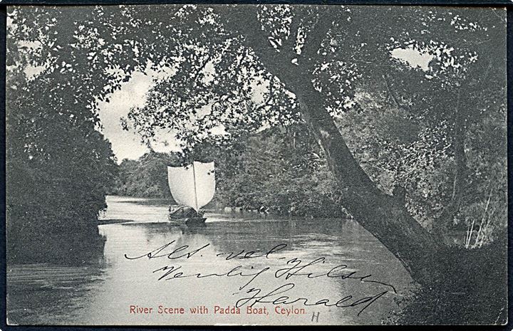 2 cents og 4 cents Edward VII på brevkort (River scene with Padda Boat) stemplet Colombo d. 7.2.1907 til København, Danmark.