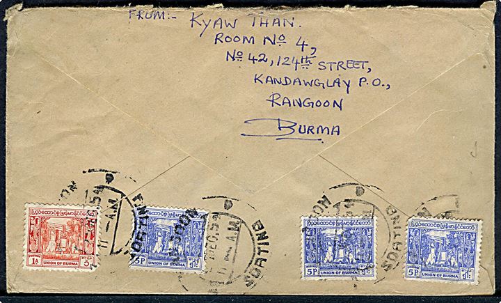 Blandingsfrankeret brev med forskellige Union of Burma udg. på for- og bagside fra Rangoon d. 7.12.1954 til Søborg, Danmark.