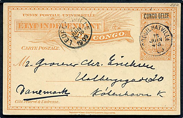15 c. Congo Belge provisorisk helsagsbrevkort stemplet Coguilhatville d. 16.6.1907 via Leopoldville d. 24.6.1909 til København, Danmark.