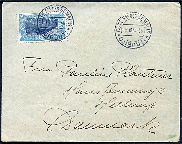 Fransk Somalia 1,50 fr. single på brev stemplet Cote Fse des Somalis * Djibouti * d. 15.5.1936 til Hellerup, Danmark.