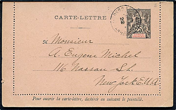 Fransk Congo 25 c. helsags korrespondancekort opfrankeret med 10 c. og 15 c. fra Brazzaville 1922 via Senegal til New York, USA. Uden meddelelse.