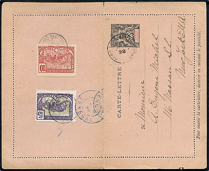 Fransk Congo 25 c. helsags korrespondancekort opfrankeret med 10 c. og 15 c. fra Brazzaville 1922 via Senegal til New York, USA. Uden meddelelse.