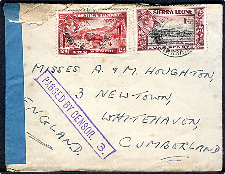 1d og 2d George VI på brev fra Freetown d. 22.10.1942 til Whitehaven, England. Åbnet af lokal censur med blå fortrykt banderole Opened by Censor og stempel Passed by Censor 3.. Urent åbnet.