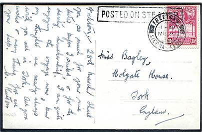 1½d George V på brevkort (Madeira) annulleret Freetown Sierra Leone d. 29.3.1938 og sidestemplet Posted on Steamer til York, England.