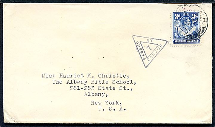 3d George VI på brev annulleret med svagt stempel fra Kasempa N.R. 1945til New York, USA. Lokal censur Passed by Censor 7.