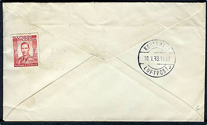 2d Victoria Falls (5) og på bagsiden 1d George VI på luftpostbrev fra Salisbury 1938 via København Luftpost sn3 d. 10.1.1938 til København, Danmark.