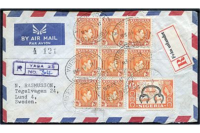 2½d George VI (9) og ½d Elizabeth (2) på for- og bagside af anbefalet luftpostbrev fra Yaga d. 11.8.1958 til Lund, Sverige. Påsat svensk rec.-etiket Från utlandet.