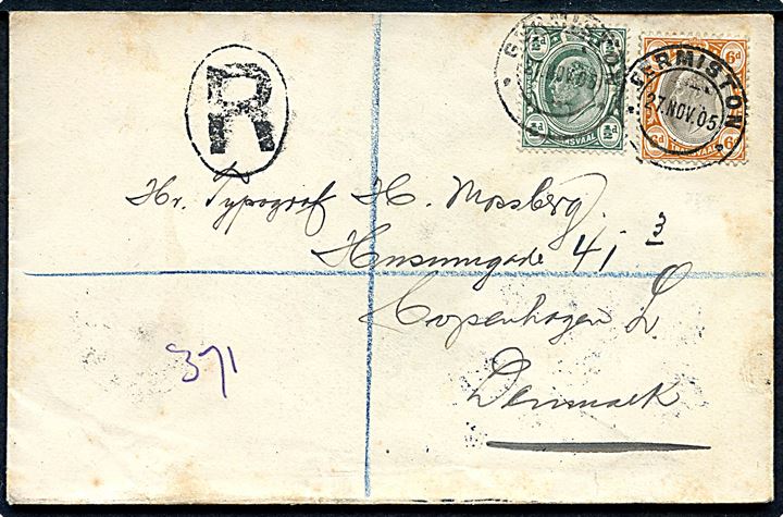 ½d og 6d Edward VII på anbefalet brev fra Germiston d. 27.11.1905 via London til Kjøbenhavn, Danmark.
