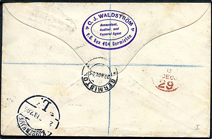 ½d og 6d Edward VII på anbefalet brev fra Germiston d. 27.11.1905 via London til Kjøbenhavn, Danmark.