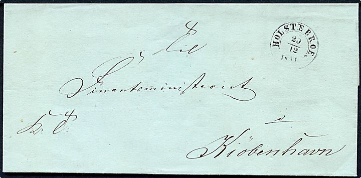 1851. Ufrankeret tjenestebrev mærket K.T. med 1½-ringsstempel Holstebroe. d. 20.12.1851 til Kjøbenhavn.