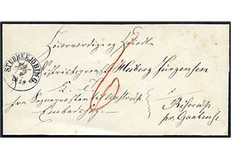 1852. Ufrankeret tjenestebrev mærket K.T. og Embedssag med 1½-ringsstempel Stubbekjöbing. med delvis håndskrevet dato 23.3..1852 til Riserup pr. Gaabense. Påskrevet 6 skilling porto. Stempel anvendt ca. 1 måned senere end angivet i Skilling.