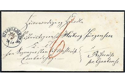 1852. Ufrankeret tjenestebrev mærket K.T. og Embedssag med 1½-ringsstempel Stubbekjöbing. med delvis håndskrevet dato 23.3..1852 til Riserup pr. Gaabense. Påskrevet 6 skilling porto. Stempel anvendt ca. 1 måned senere end angivet i Skilling.