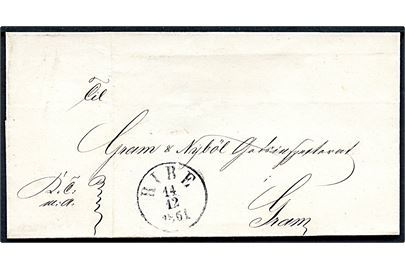 1861. Ufrankeret tjenestebrev mærket K.T.m.A. med antiqua Ribe d. 14.12.1861 til Gram og Nybøl Godsinspektorat i Gram.