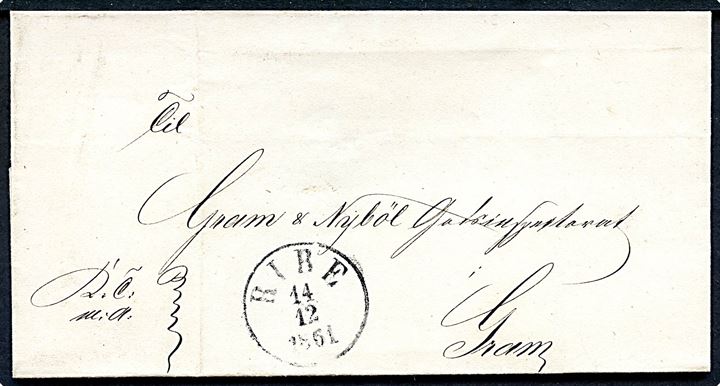 1861. Ufrankeret tjenestebrev mærket K.T.m.A. med antiqua Ribe d. 14.12.1861 til Gram og Nybøl Godsinspektorat i Gram.