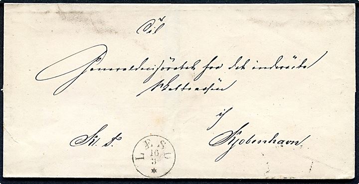 1871. Ufrankeret tjenestebrev mærket K.T. med antiqua VII Læsø d. 16.3.1871 via Sæby d. 18.3.1871 til Kjøbenhavn.