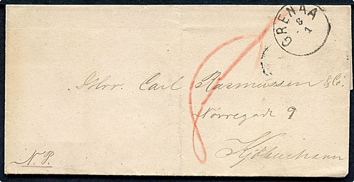 1878. Ufrankeret N.P. (Nedsat Porto) brev fra Grenaa Herred med lapidar Grenaa d. 8.1.(1878) til Kjøbenhavn. Udtakseret i 8 øre enkeltporto. 