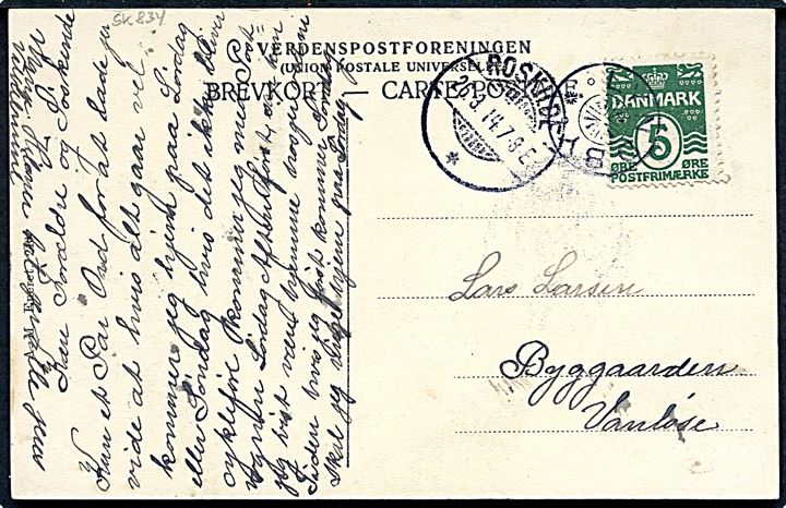 5 øre Bølgelinie på brevkort (Roskilde, Pavillonen i Boserup Skov) annulleret med stjernestempel LYNDBY og sidestemplet Roskilde d. 26.3.1914 til Vanløse.