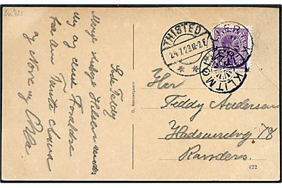 15 øre Chr. X på brevkort (“Harry”, S/S, strandet ved Klitmøller d. 7.2.1891) annulleret med stjernestempel KLITMØLLER og sidestemplet Thisted d. 24.7.1923 til Randers.